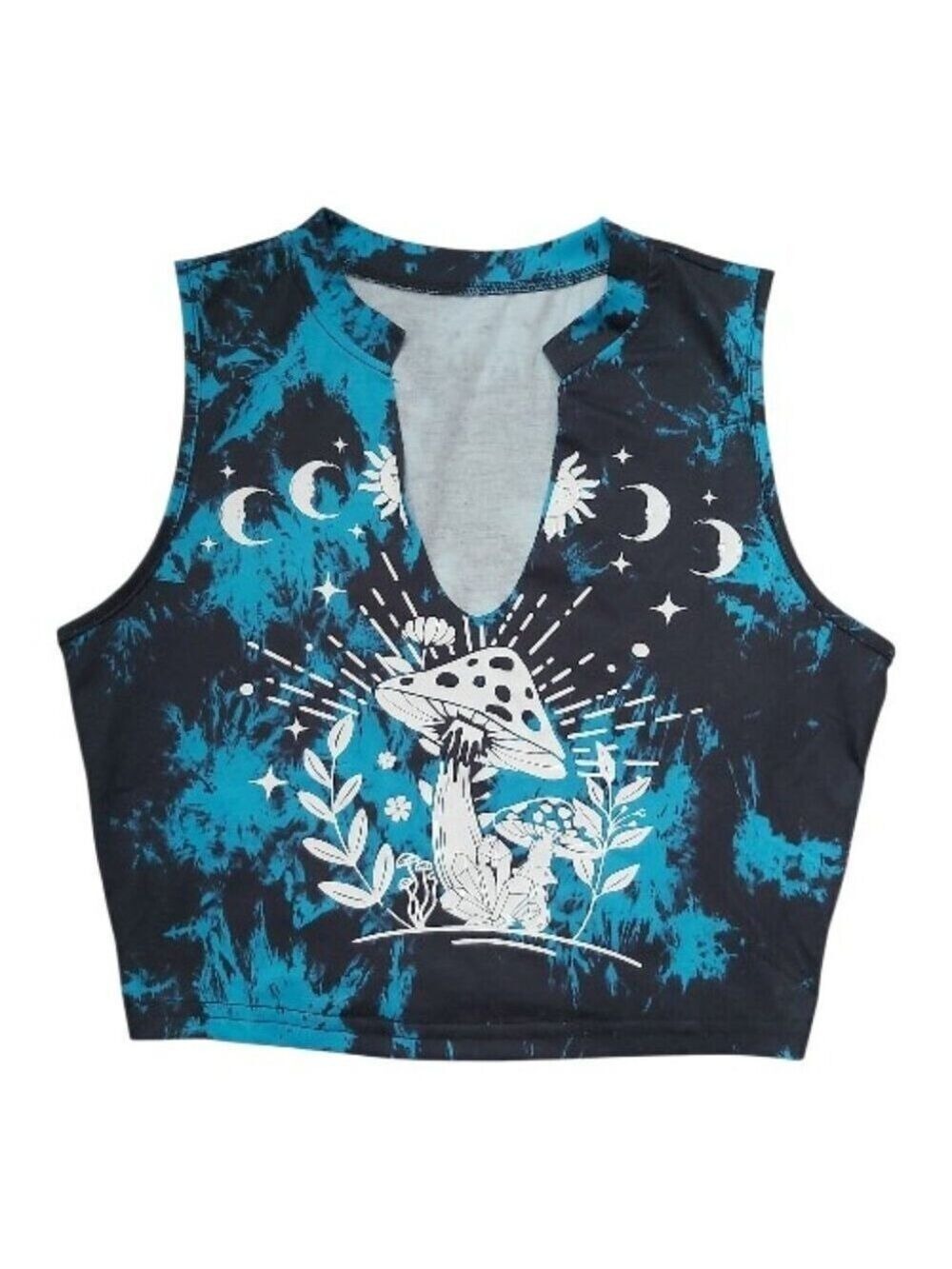 NWT Remidoo Mushroom Celestial Crop Top XS Blue Black Tie-Dye Graphic Tank Top